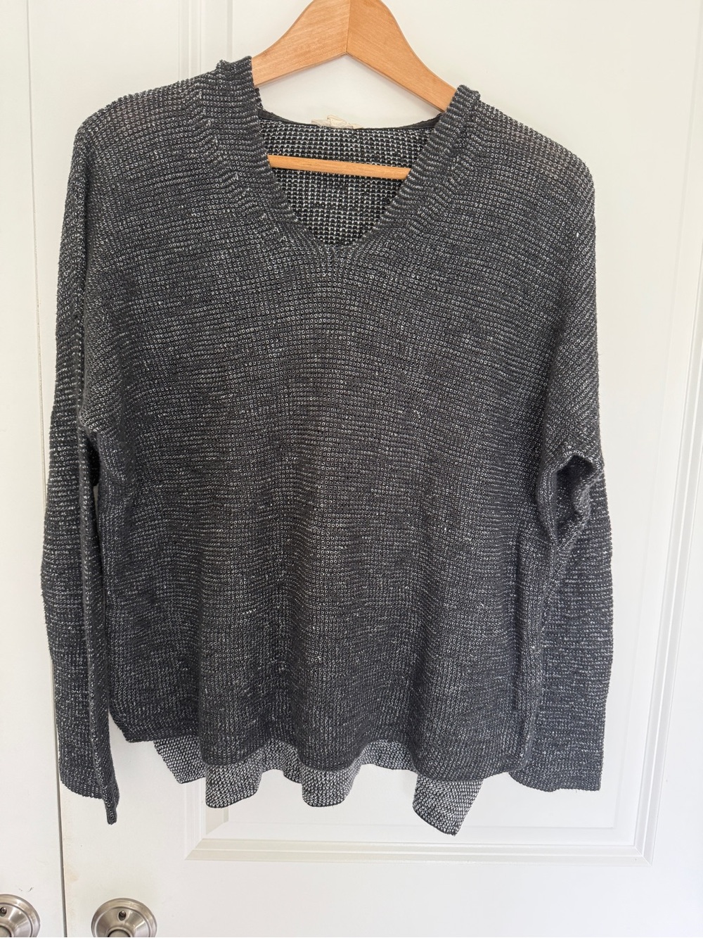 Eileen Fisher grey organic linen cotton blend hooded knit top medium